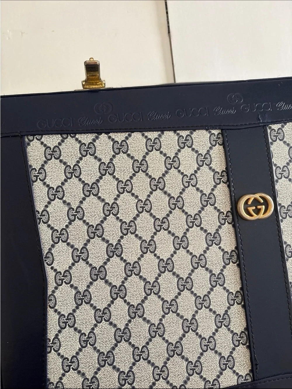 Authentic Gucci Monogram Canvas Top Handle Bag Briefcase in Navy & Beige
